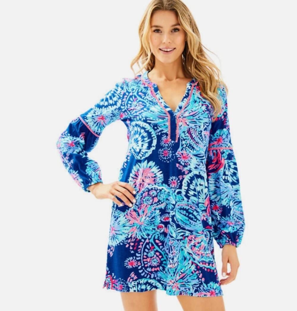 Lilly Pulitzer Joy Deep Indigo Gypsea Girl Pink Blue Tunic Dress Size S